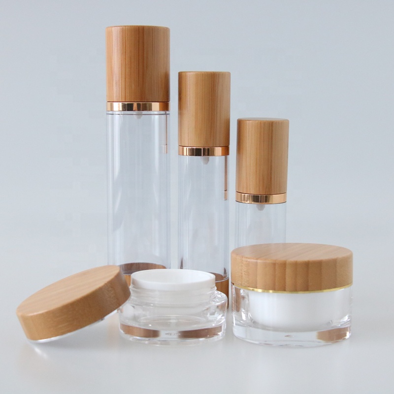 Good quality bamboo cosmetic packaging set 15g 30g 50g airless pump bottle and acrylic cosmetic cream jar with bamboo lid
