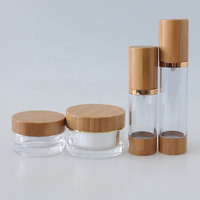 Good quality bamboo cosmetic packaging set 15g 30g 50g airless pump bottle and acrylic cosmetic cream jar with bamboo lid