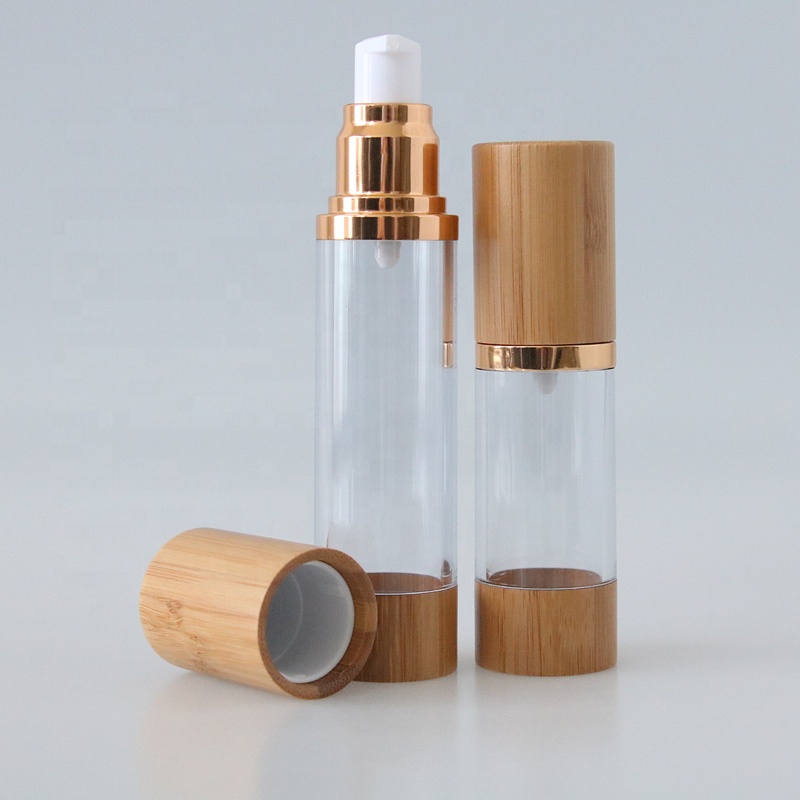 Good quality bamboo cosmetic packaging set 15g 30g 50g airless pump bottle and acrylic cosmetic cream jar with bamboo lid