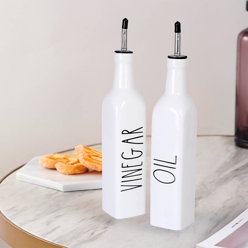 Good quality custom white ceramic cruet set kitchen porcelain vinegar oil dispenser bottle with Metal stand,Ceramic Cruet Set