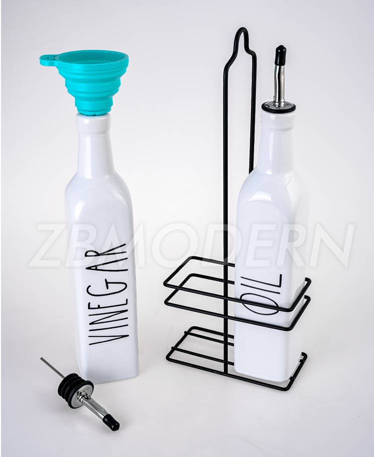 Good quality custom white ceramic cruet set kitchen porcelain vinegar oil dispenser bottle with Metal stand,Ceramic Cruet Set