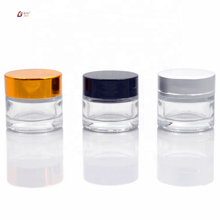Good quality high-end cute cosmetic jars clear round glass jar with gold lids