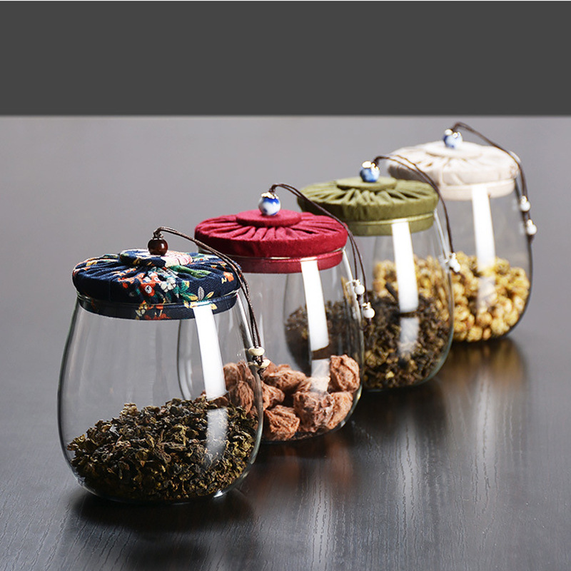 Good selling empty borosilicate airtight glass tea jar clear hermetic glass jars wholesale with cork cloth lids