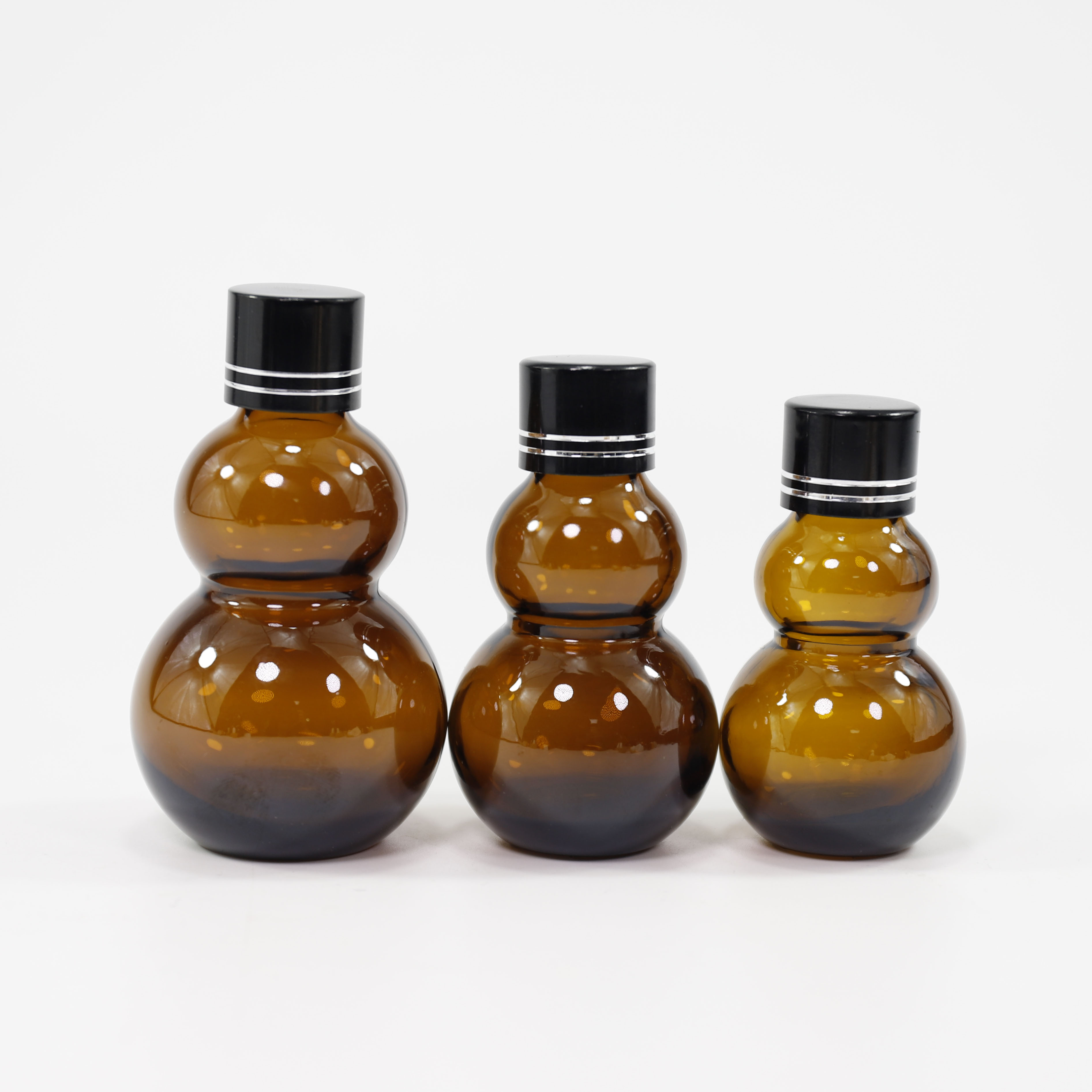 Gourd Shape Unique Empty Amber Essential Oil Glass Bottle with Black Dropper