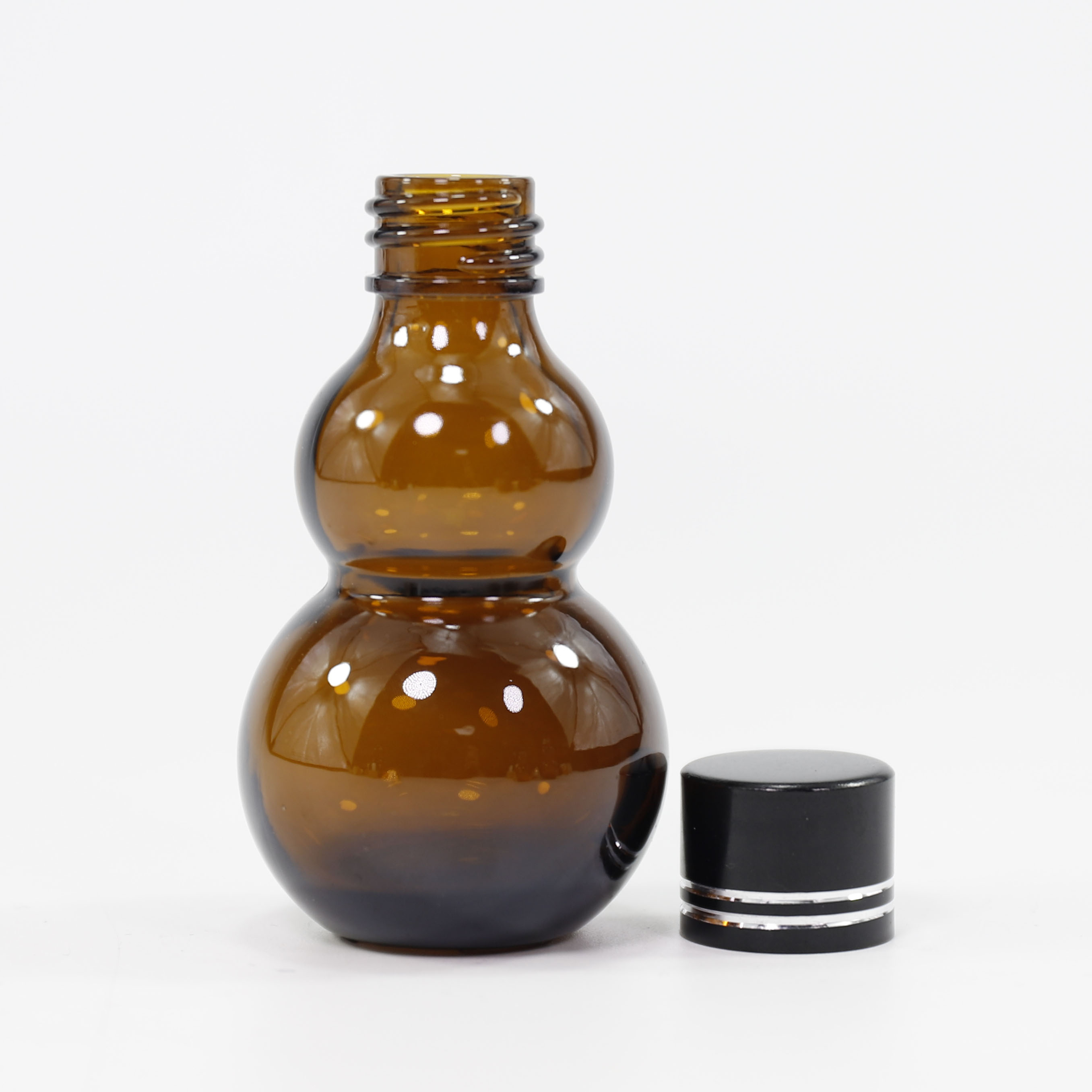 Gourd Shape Unique Empty Amber Essential Oil Glass Bottle with Black Dropper