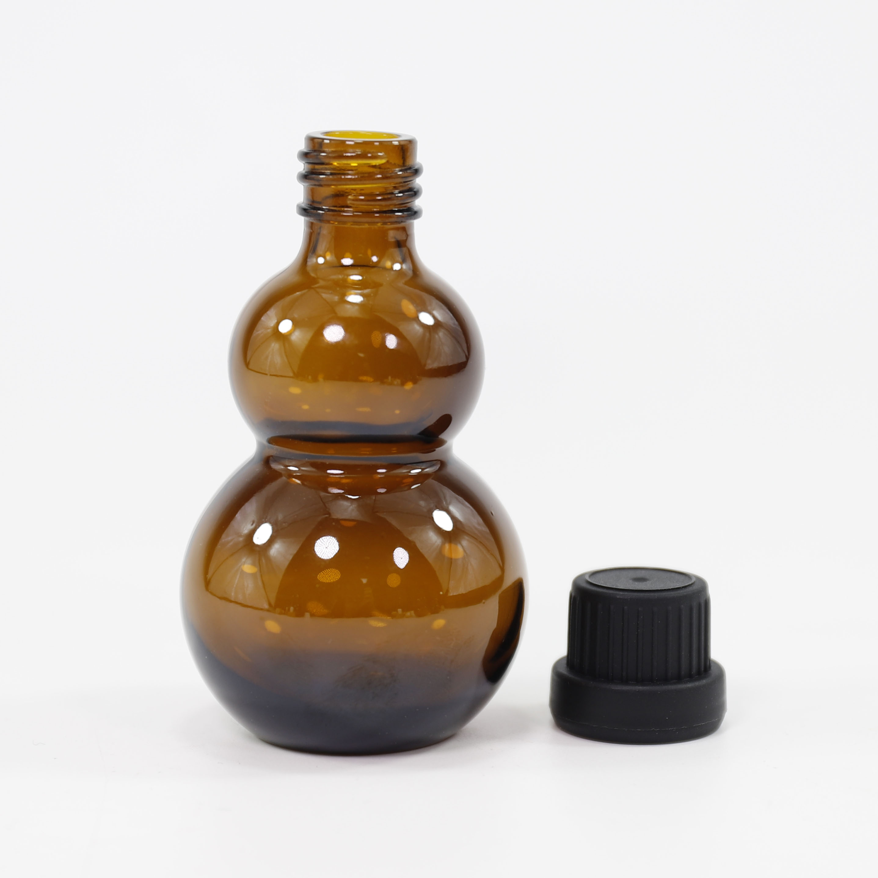 Gourd Shape Unique Empty Amber Essential Oil Glass Bottle with Black Dropper