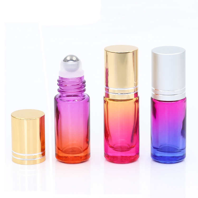 Gradient Colorful perfume glass essential oil 5ML roller bottle with electric aluminum cap