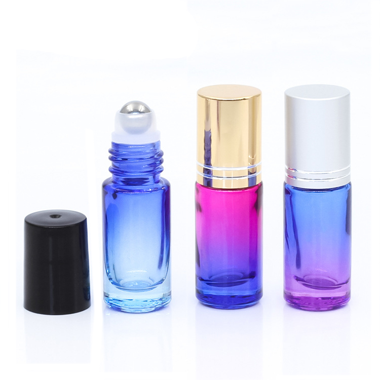 Gradient Colorful perfume glass essential oil 5ML roller bottle with electric aluminum cap