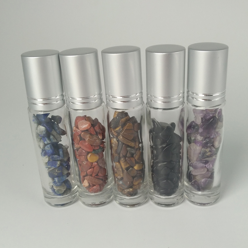 Gradient Gemstone Crystal Ball Essential Oil Glass Roller Bottles 10ml bamboo/metal lid 2020 for skin care for girls