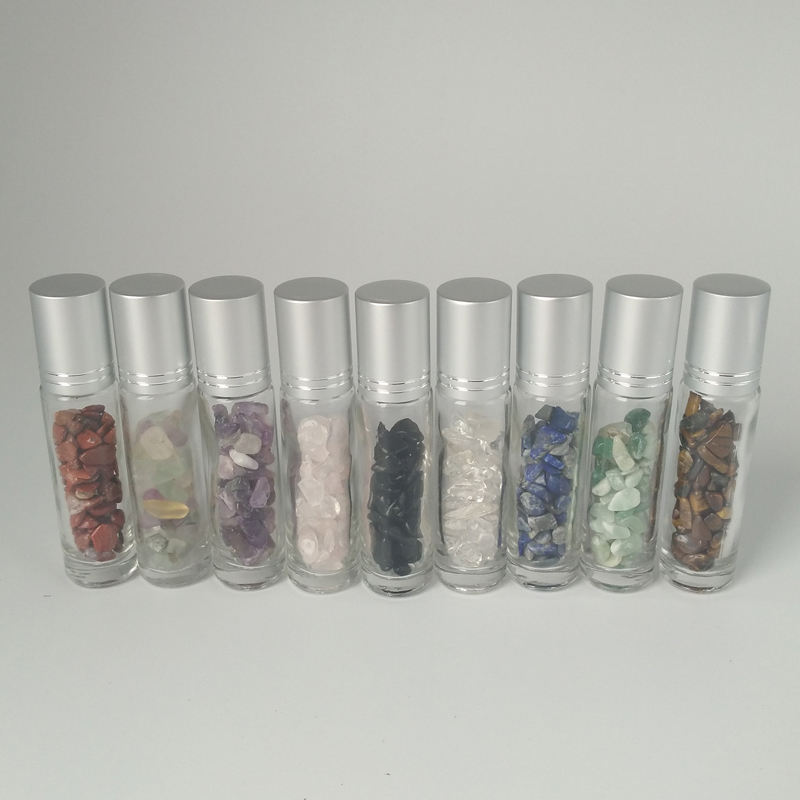 Gradient Gemstone Crystal Ball Essential Oil Glass Roller Bottles 10ml bamboo/metal lid 2020 for skin care for girls