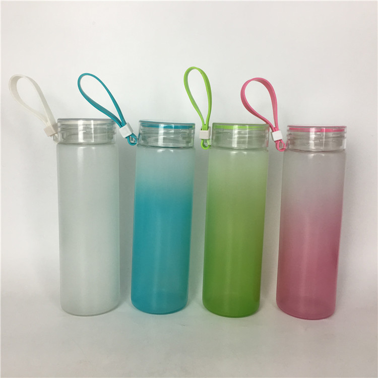 Gradient colorful alkaline water bottle glass drinking milk tea bottle with custom logo 420ml