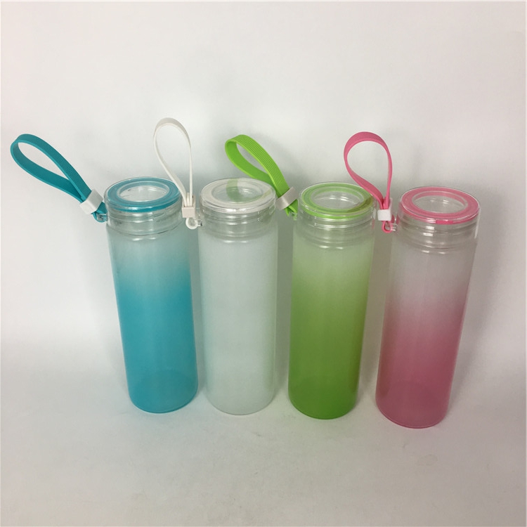 Gradient colorful alkaline water bottle glass drinking milk tea bottle with custom logo 420ml