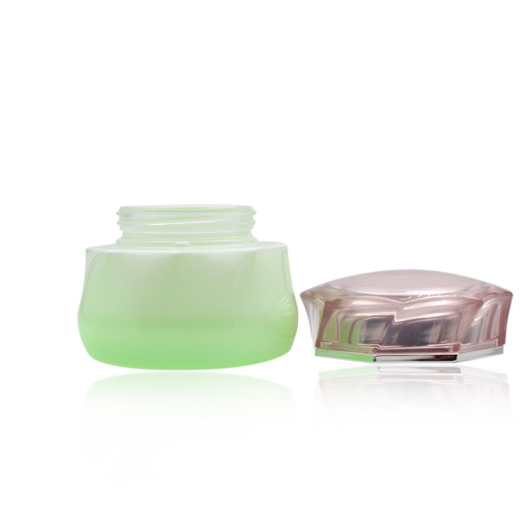 Green 50g cosmetic glass jars frosted for cosmetic cream with pink screw cap for personal care cream use