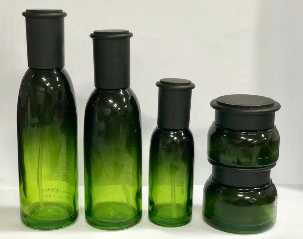Green Glass Cosmetic Packaging / Safety Empty Skin Care Containers / Cream Jars/ Lotion Bottles