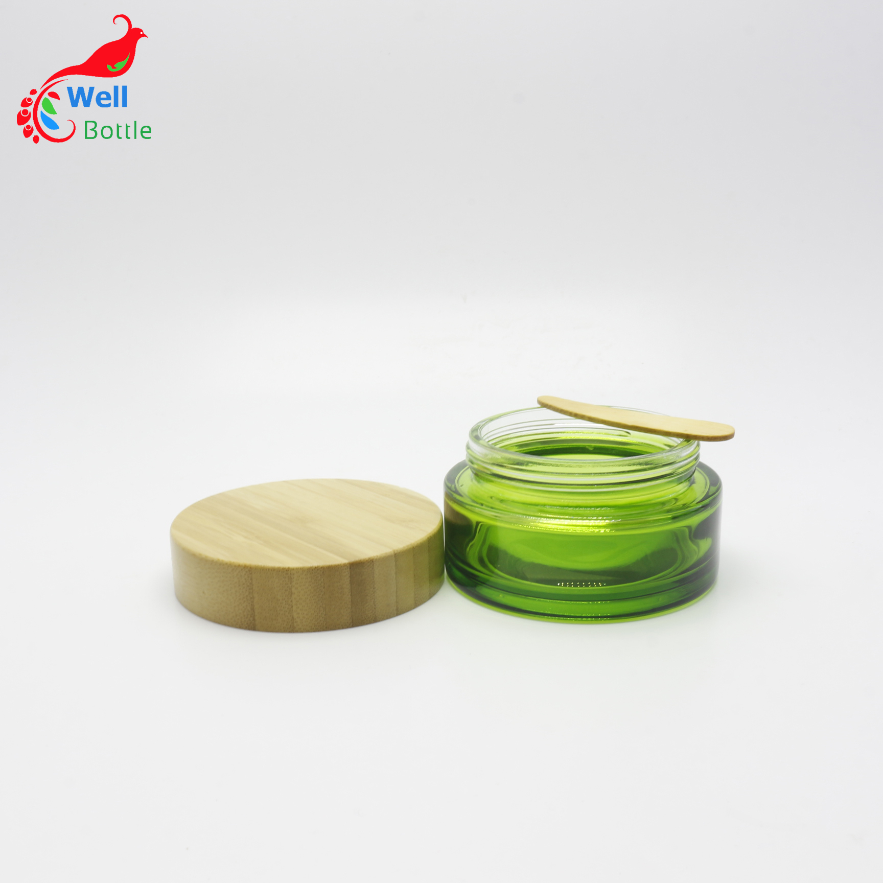 Green Glass cream jar with Environmental Bamboo Lid 15g Cosmetic Jar Glass J085E