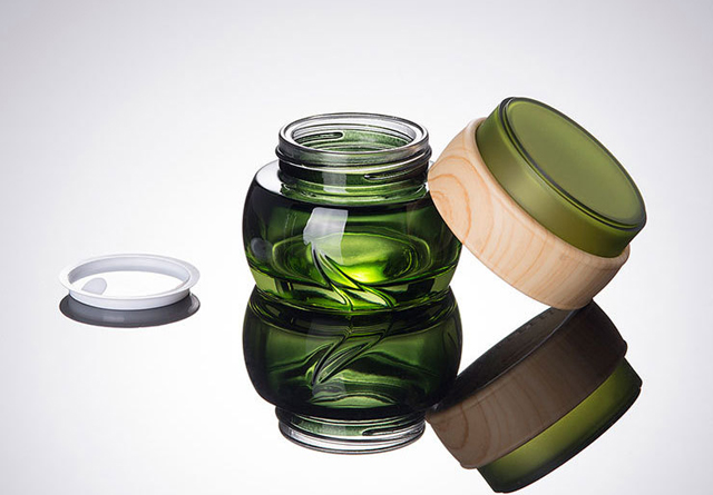 Green glass container jars bamboo printing lids 50g cosmetic package