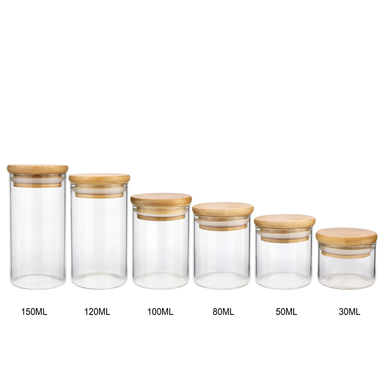 Guangdong 30 50 80 100 ml cylindrical empty container big spice kitchen borosilicate glass jar set with bamboo lid