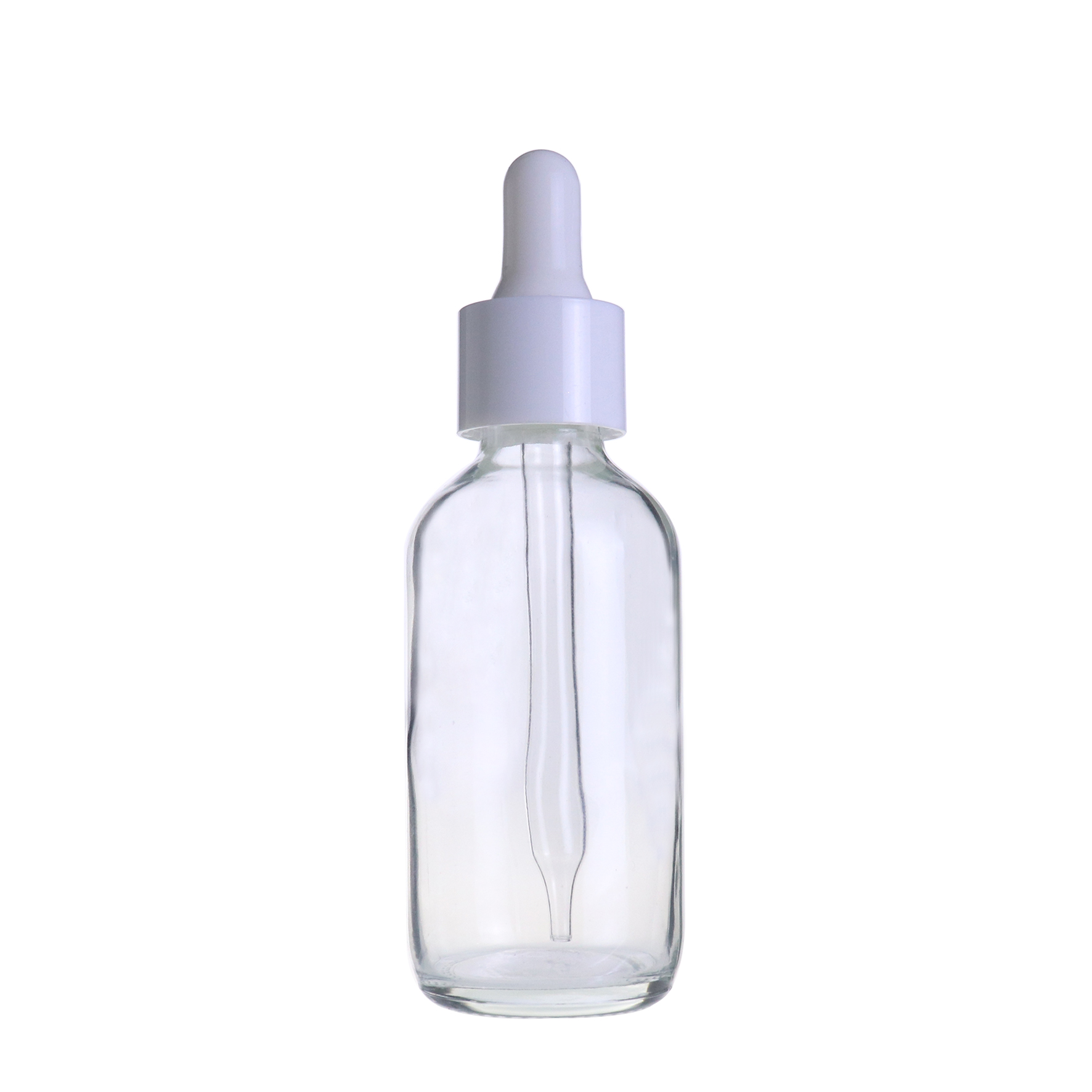 Guangzhou 60ml 1oz clear transparent boston glass dropper bottle with white pipette cap