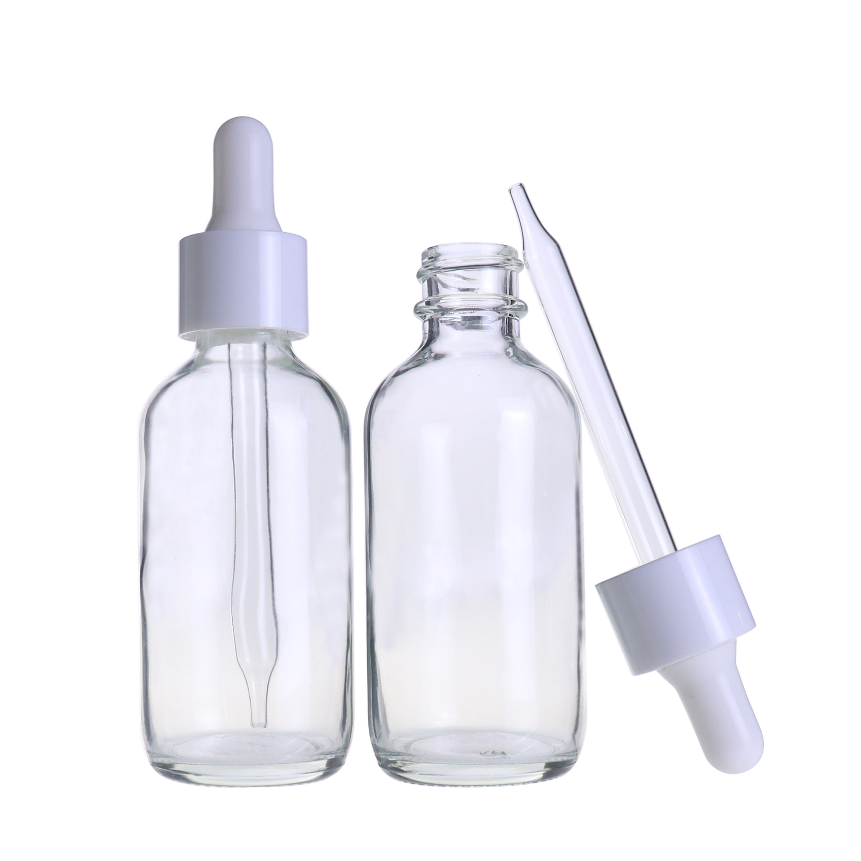 Guangzhou 60ml 1oz clear transparent boston glass dropper bottle with white pipette cap