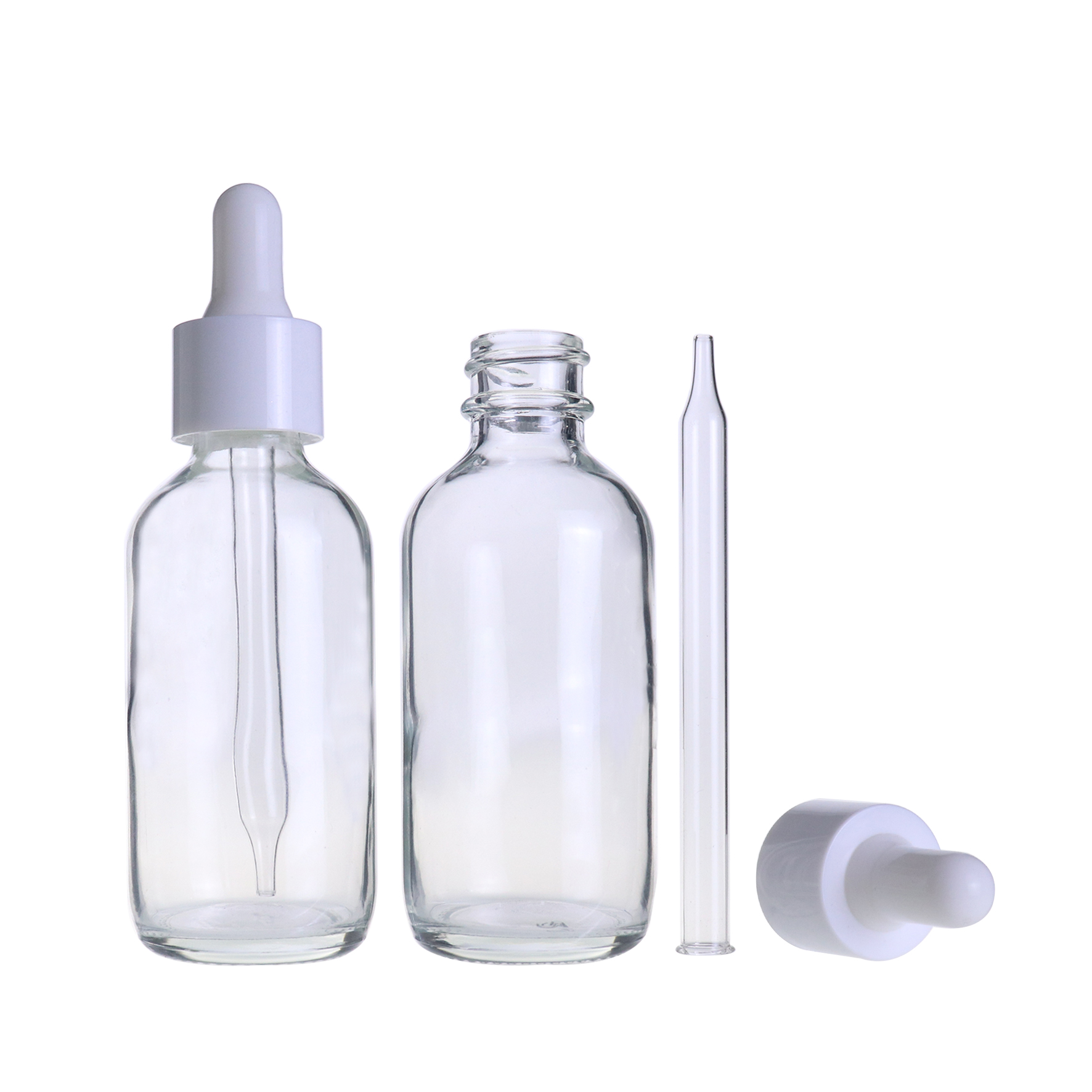 Guangzhou 60ml 1oz clear transparent boston glass dropper bottle with white pipette cap