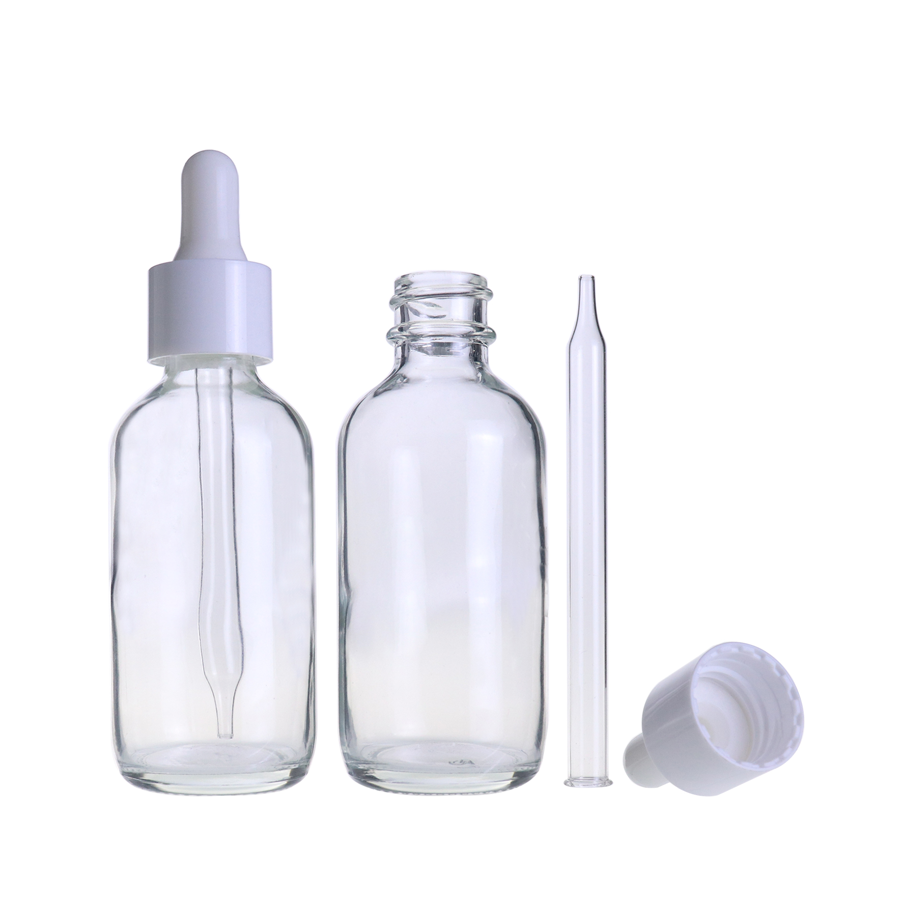 Guangzhou 60ml 1oz clear transparent boston glass dropper bottle with white pipette cap