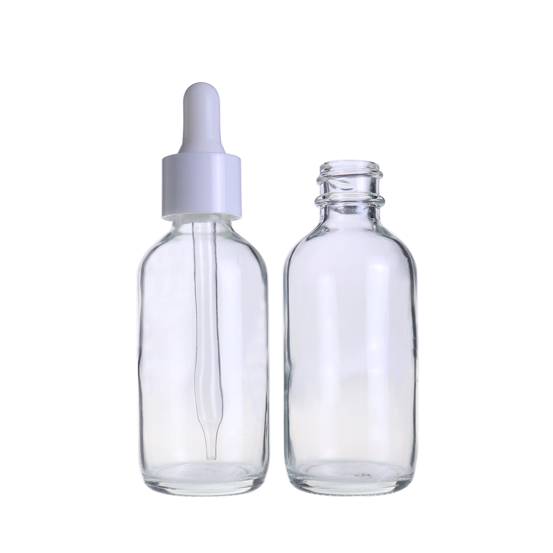 Guangzhou 60ml 1oz clear transparent boston glass dropper bottle with white pipette cap