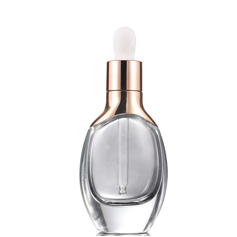 Guangzhou Wholesale 15ml 30ml Square Glass Bottle With Dropper Rose Gold Aluminum Cap Rubber Top For Use Essence Liquid