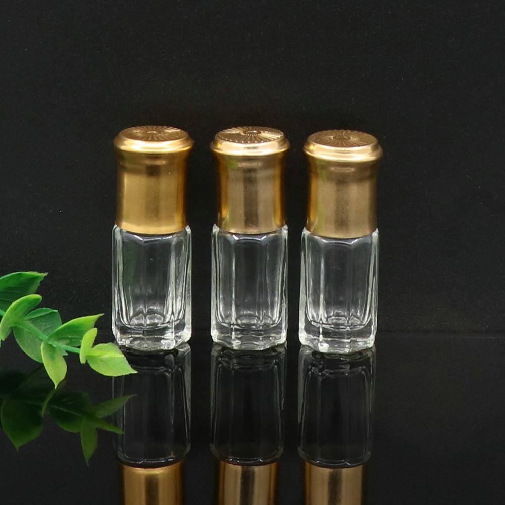 Guangzhou Wholesaler 3ml fancy octagon attar Glass Perfume Tester bottles for oud oil with golden aluminum cap