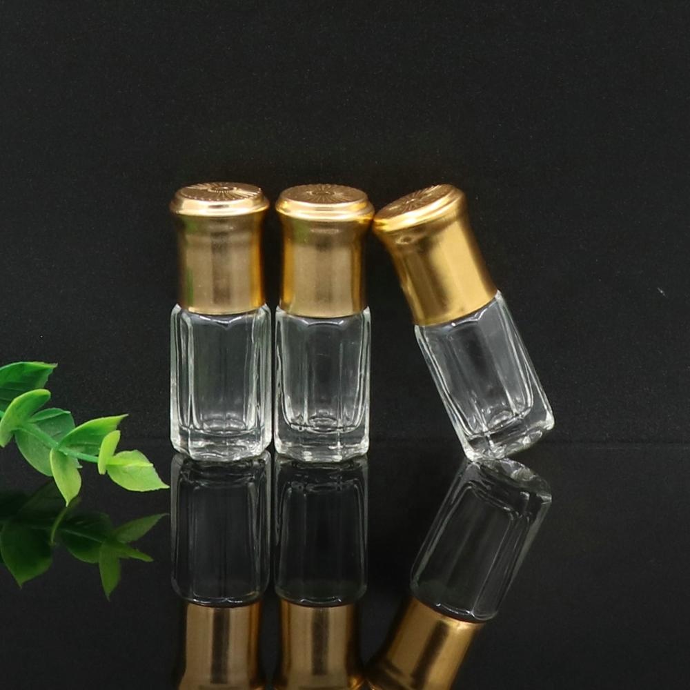 Guangzhou Wholesaler 3ml fancy octagon attar Glass Perfume Tester bottles for oud oil with golden aluminum cap