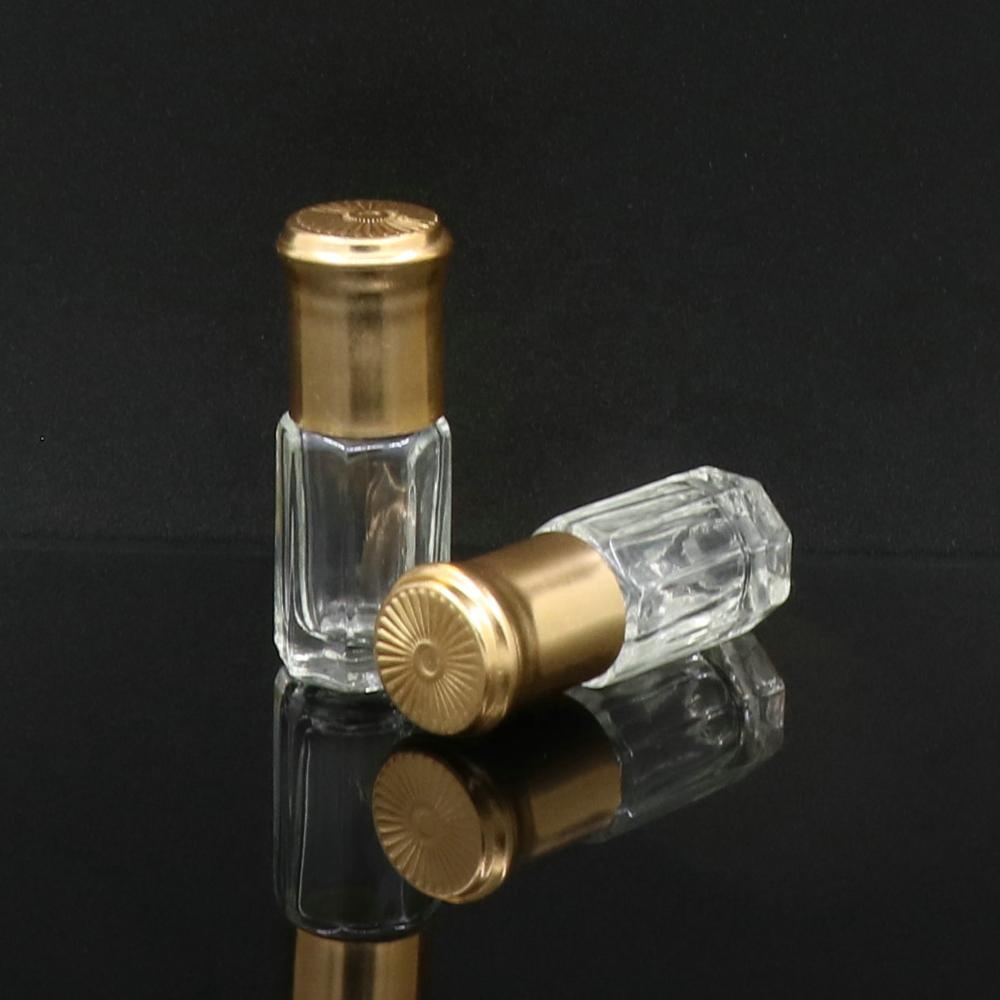 Guangzhou Wholesaler 3ml fancy octagon attar Glass Perfume Tester bottles for oud oil with golden aluminum cap