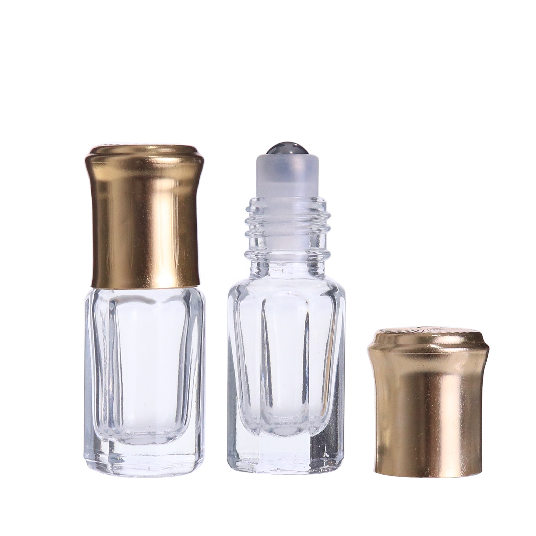 Guangzhou Wholesaler 3ml fancy octagon attar Glass Perfume Tester bottles for oud oil with golden aluminum cap