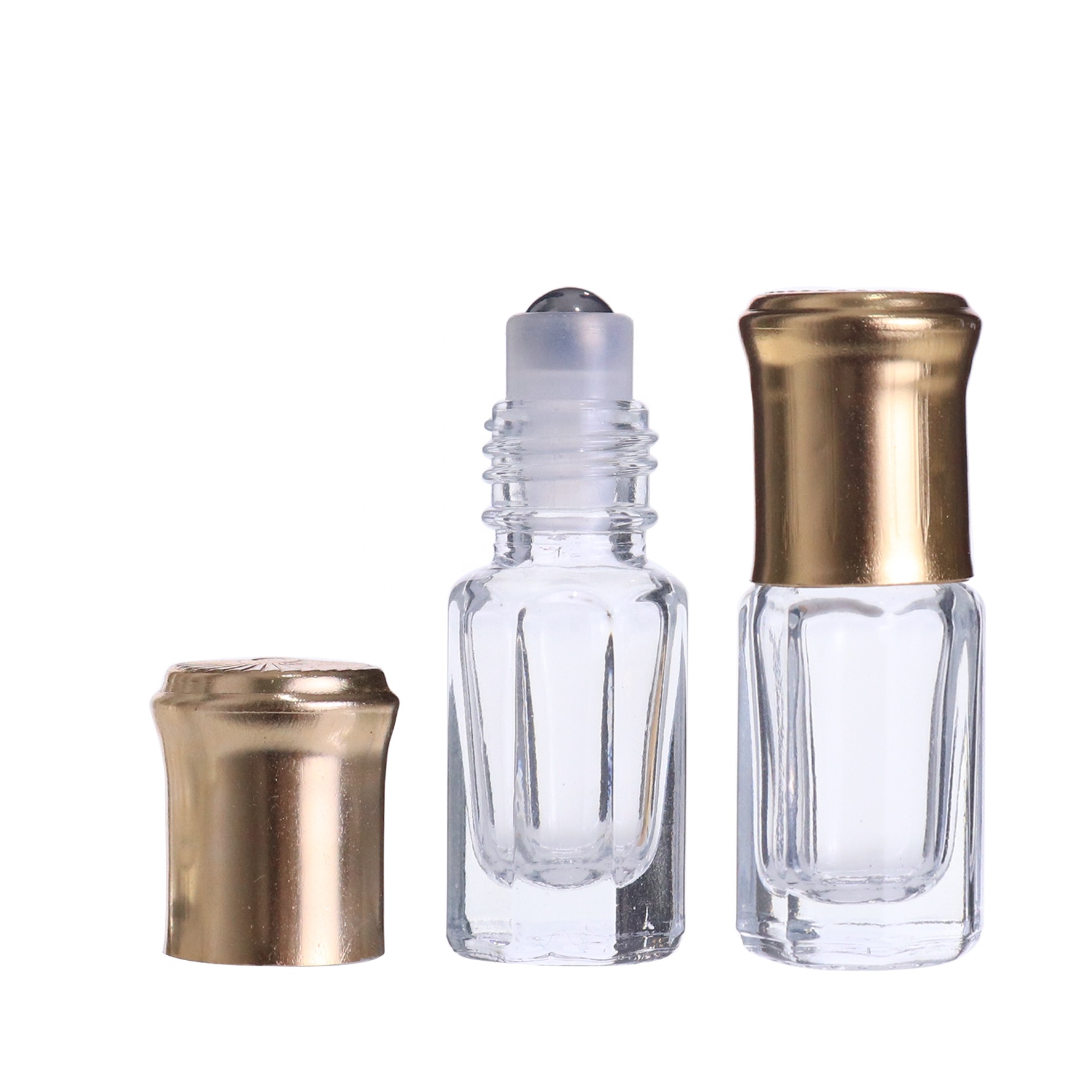 Guangzhou Wholesaler 3ml fancy octagon attar Glass Perfume Tester bottles for oud oil with golden aluminum cap