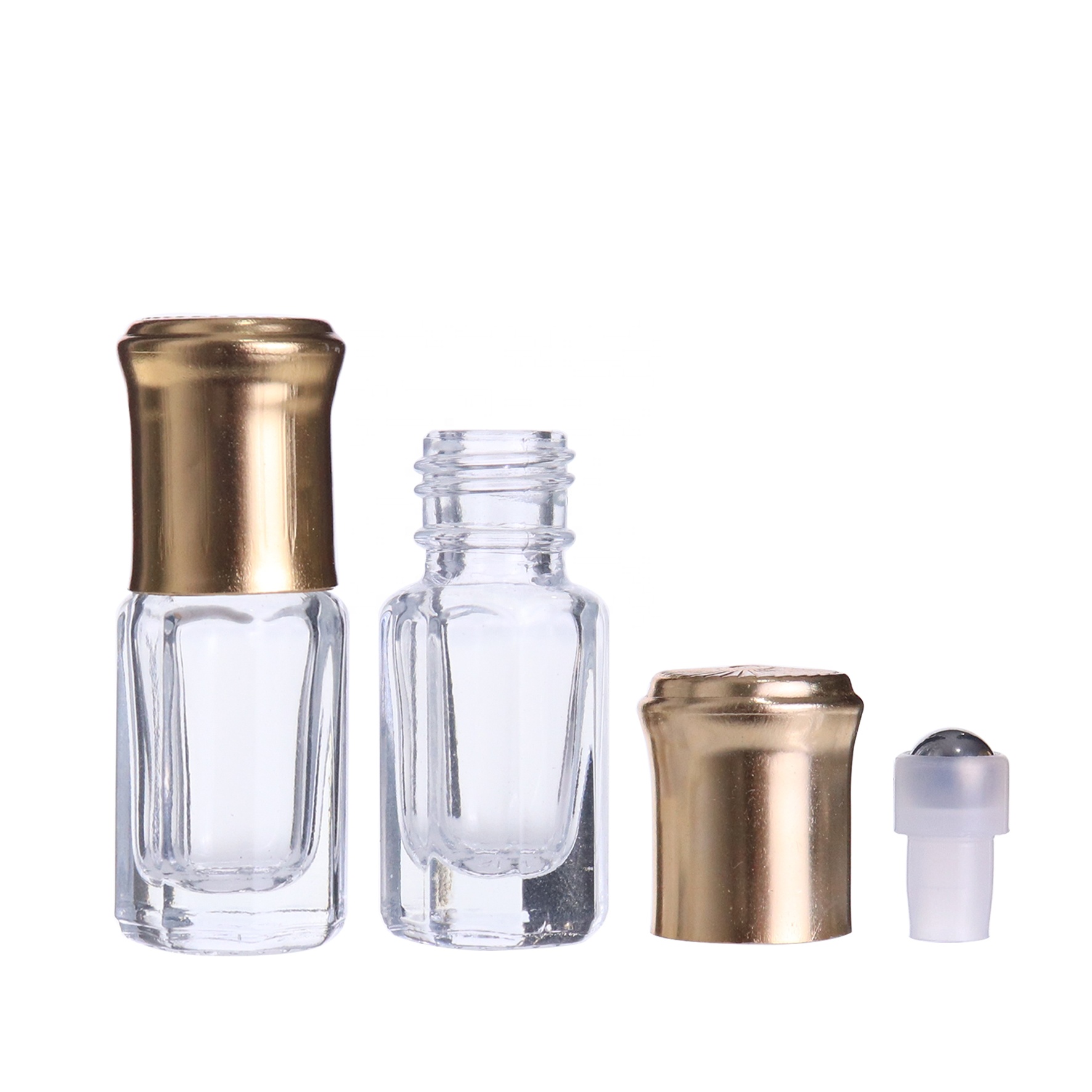 Guangzhou Wholesaler 3ml fancy octagon attar Glass Perfume Tester bottles for oud oil with golden aluminum cap