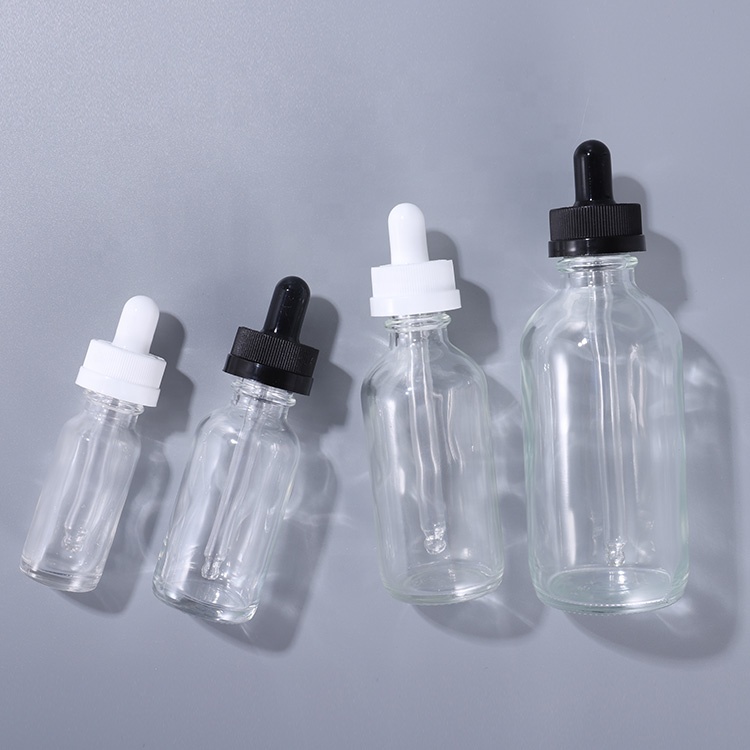Guangzhou factory 1 oz 30ml clear empty boston round glass bottle with dropper for CBD oil
