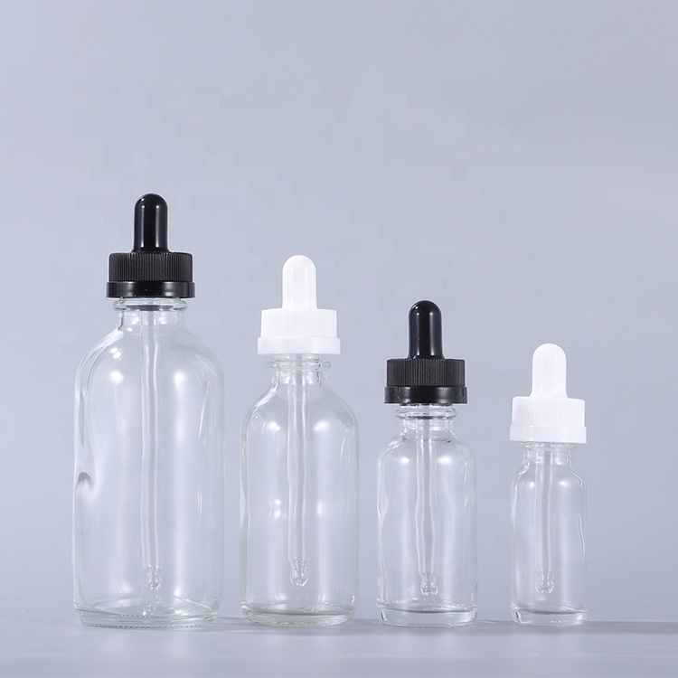Guangzhou factory 1 oz 30ml clear empty boston round glass bottle with dropper for CBD oil