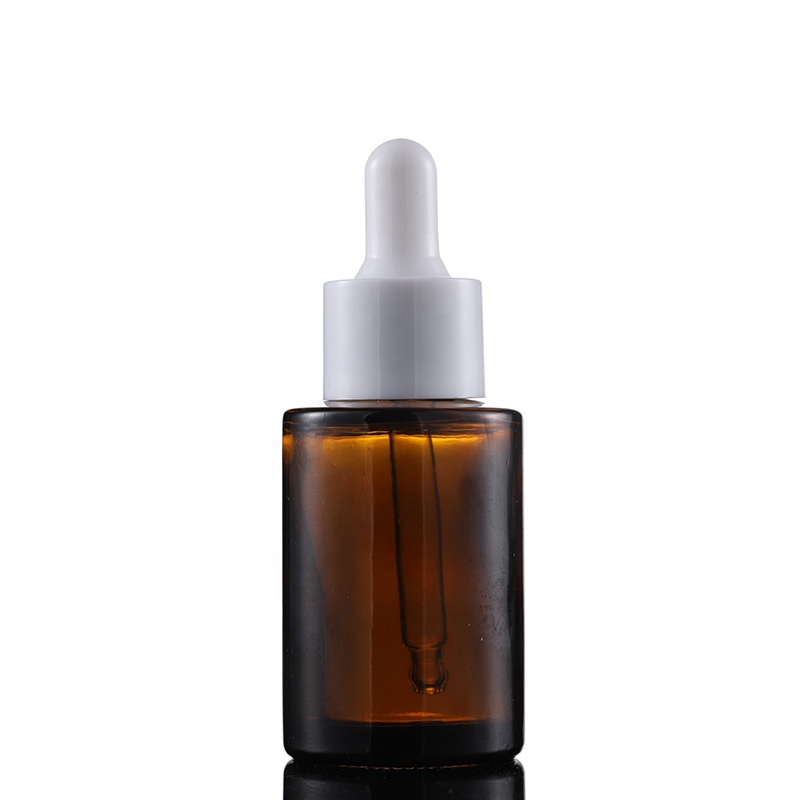 Guangzhou wholesale amber flat shoulder glass bottle 1 oz dropper bottle white tops 30ml essential oil bottle