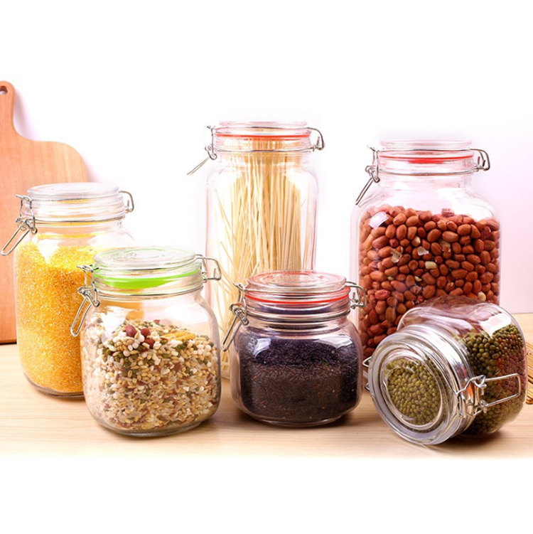 Guaranteed Quality 500ml 1000ml storage jar airtight lead free sealed glass kitchen honey food storage glass jar with clip lid