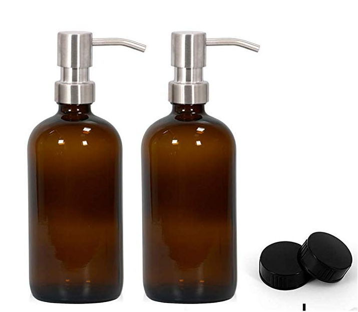 H&Z Wholesale Amber (Brown)Glass Bottles w/Stainless Steel Pumps Boston Round Bottles for Essential Oils Lotions and Liquid Soap