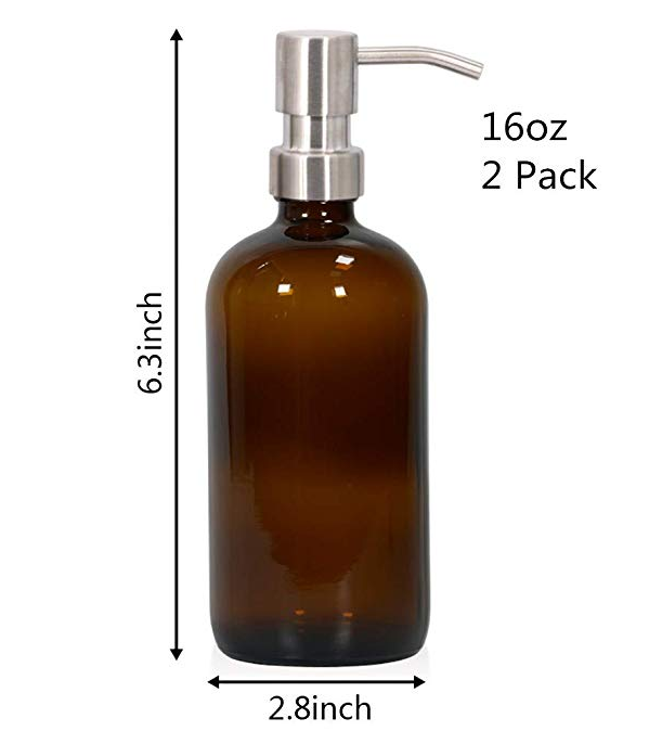 H&Z Wholesale Amber (Brown)Glass Bottles w/Stainless Steel Pumps Boston Round Bottles for Essential Oils Lotions and Liquid Soap