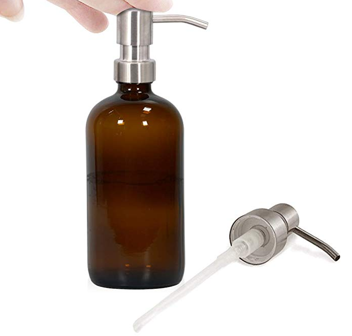 H&Z Wholesale Amber (Brown)Glass Bottles w/Stainless Steel Pumps Boston Round Bottles for Essential Oils Lotions and Liquid Soap