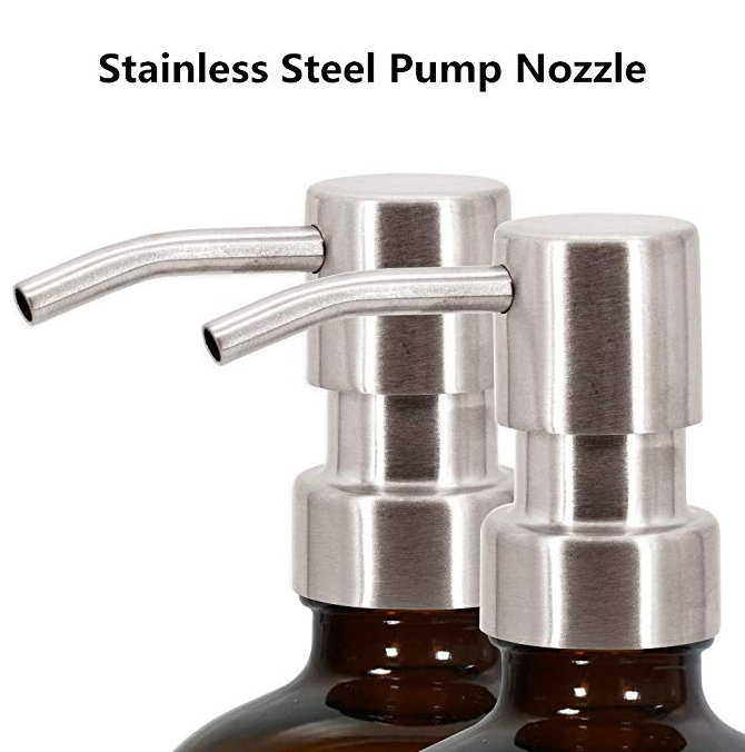 H&Z Wholesale Amber (Brown)Glass Bottles w/Stainless Steel Pumps Boston Round Bottles for Essential Oils Lotions and Liquid Soap