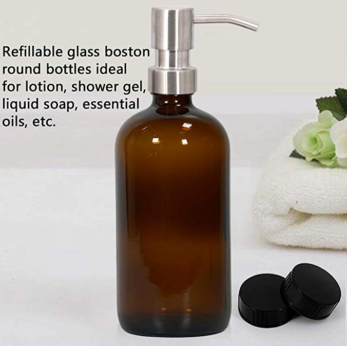 H&Z Wholesale Amber (Brown)Glass Bottles w/Stainless Steel Pumps Boston Round Bottles for Essential Oils Lotions and Liquid Soap