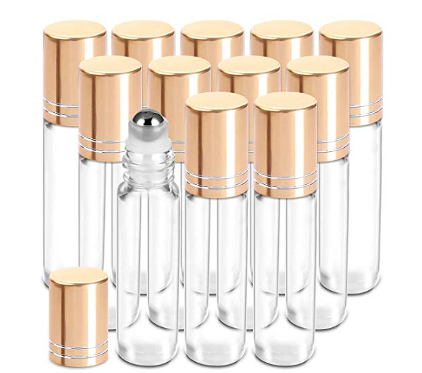 H&Z Wholesale Essential Oil Roller Bottles 10ml (Clear Glass Bottle with Gold Cap) Roller Balls for Oils, Roller on Bottles