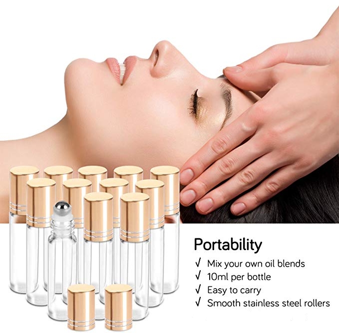 H&Z Wholesale Essential Oil Roller Bottles 10ml (Clear Glass Bottle with Gold Cap) Roller Balls for Oils, Roller on Bottles