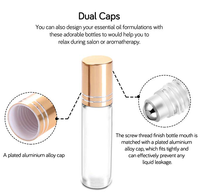 H&Z Wholesale Essential Oil Roller Bottles 10ml (Clear Glass Bottle with Gold Cap) Roller Balls for Oils, Roller on Bottles
