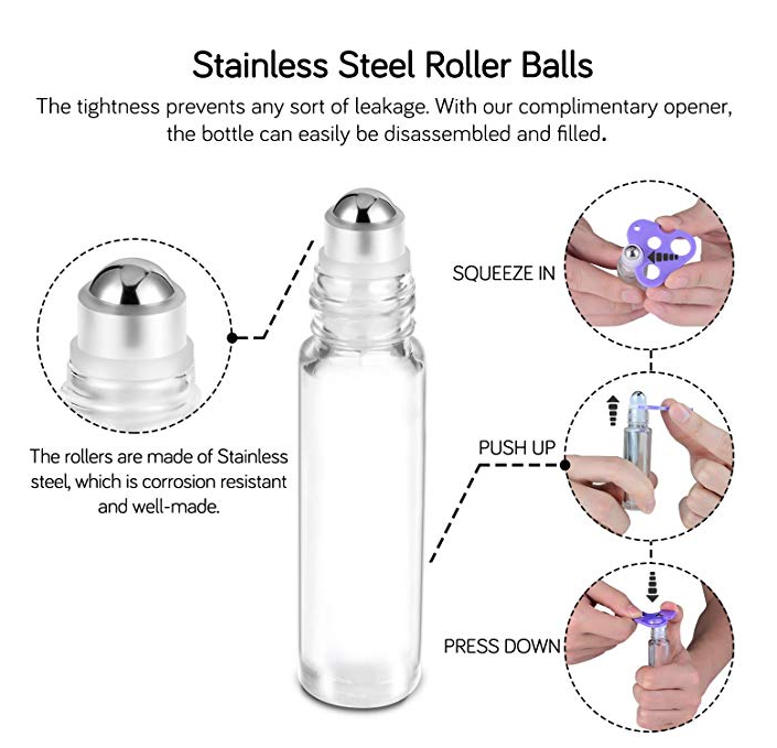 H&Z Wholesale Essential Oil Roller Bottles 10ml (Clear Glass Bottle with Gold Cap) Roller Balls for Oils, Roller on Bottles