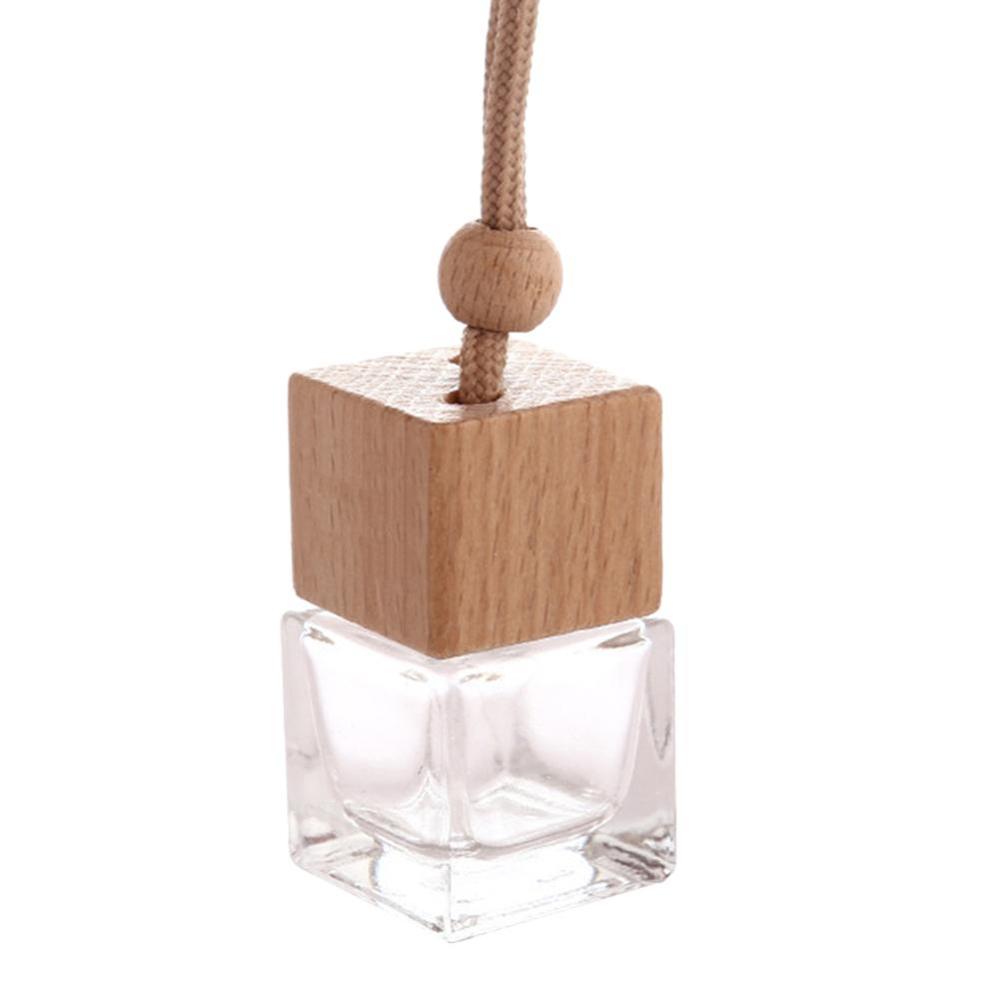 H395 Custom Wedding Gift Air Fresher Hanging Empty Fragrance Aroma Bottles Wooden Lid Car Glass Cubic Perfume Bottle