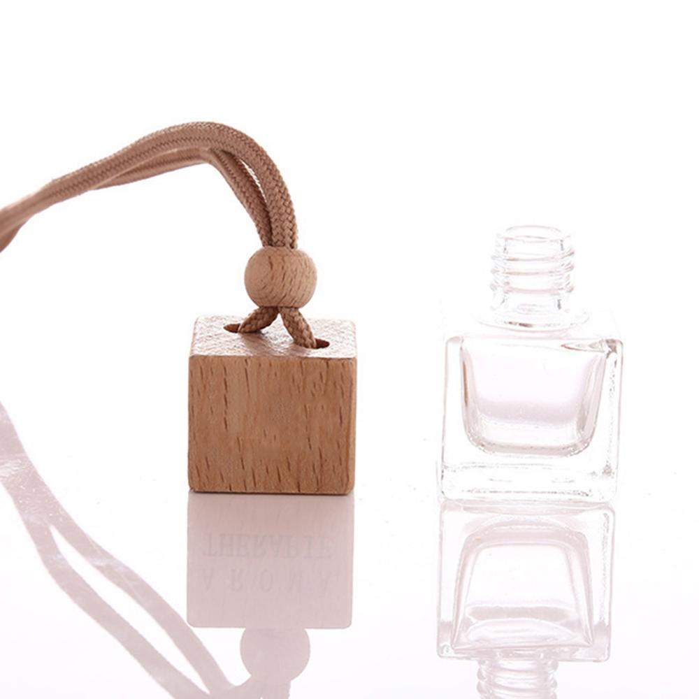 H395 Custom Wedding Gift Air Fresher Hanging Empty Fragrance Aroma Bottles Wooden Lid Car Glass Cubic Perfume Bottle