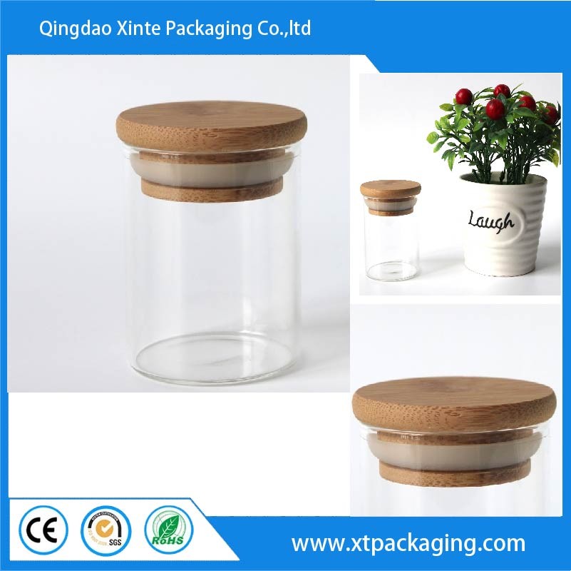 HOT 1oz 2oz 3oz 4oz 10oz transparent food spice weed glass jar bamboo wooden lid container storage jars with bamboo cork lid