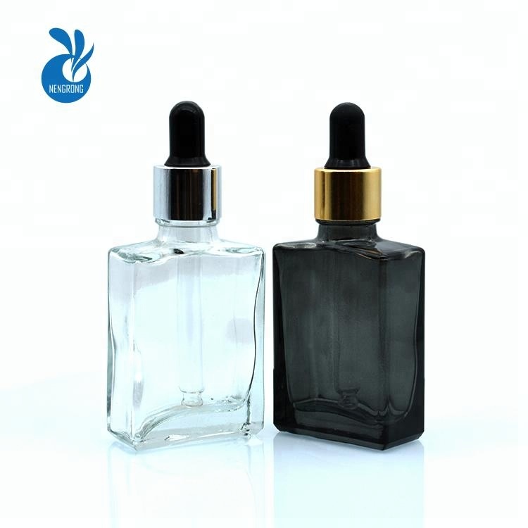 HOT SALE empty essential oil e liquid 15ml 30ml matte black rectangle glass dropper bottle with aluminum screw cap